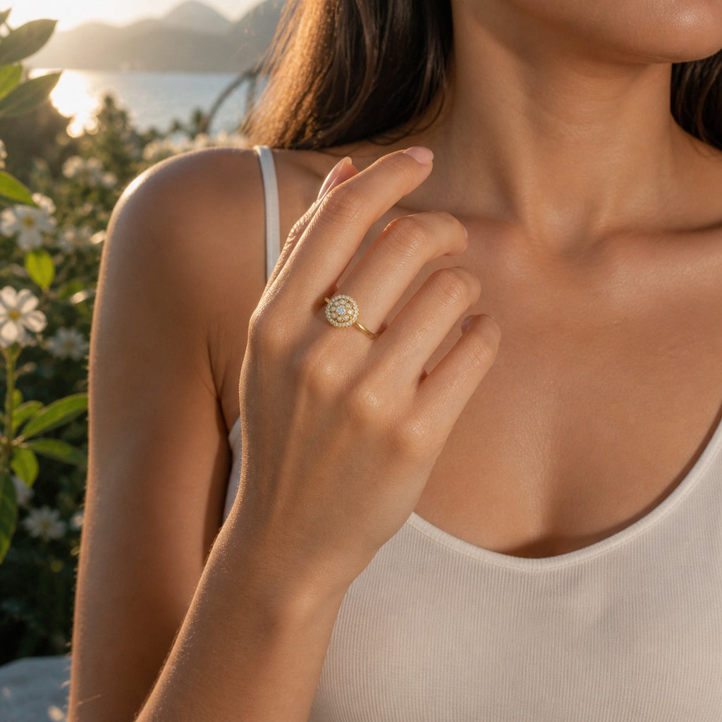 Gold Round Cluster Diamond Halo Ring Lifestyle