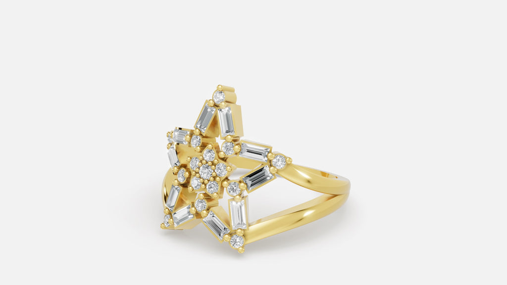 Gold Star Cluster Diamond Ring with Baguette and Round Cut Diamonds Angled View