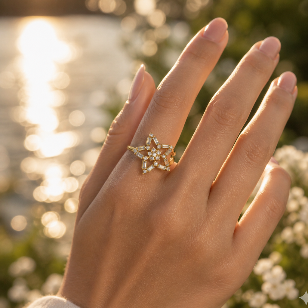 Gold Star Cluster Diamond Ring Close-Up Hand View