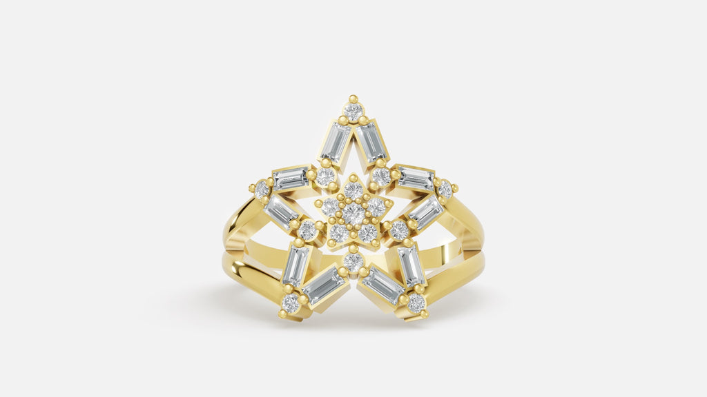 Gold Star Cluster Diamond Ring with Baguette and Round Cut Diamonds Front View