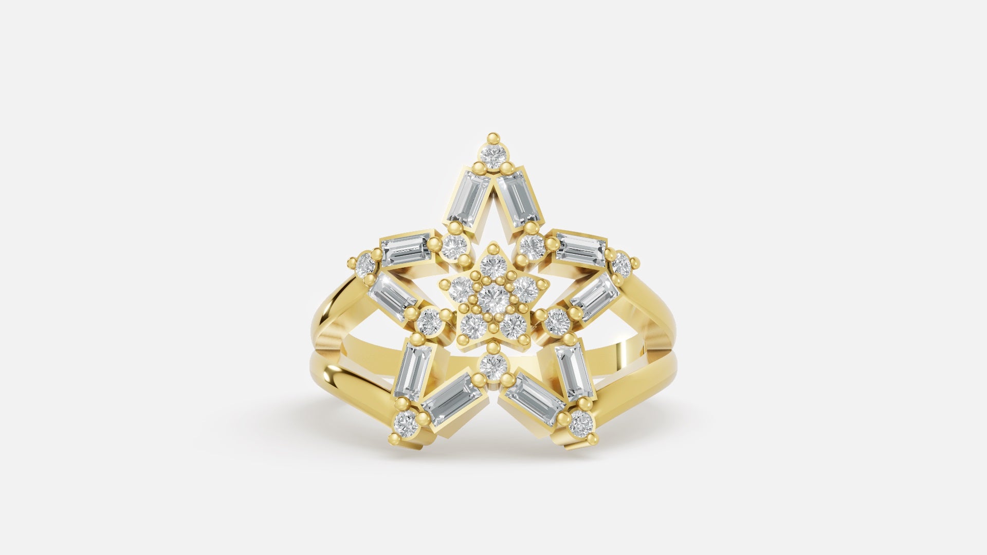 Gold Star Cluster Diamond Ring with Baguette and Round Cut Diamonds Front View