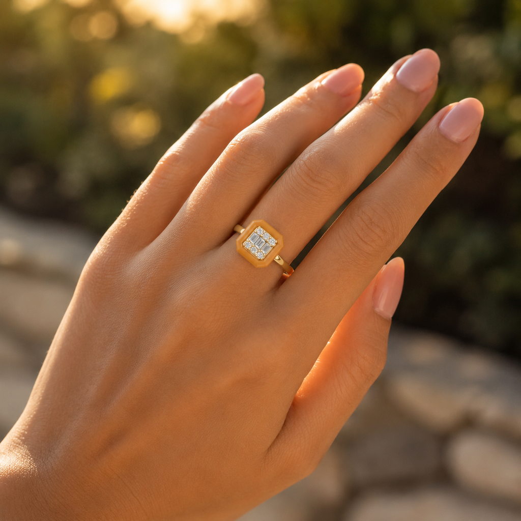 Honey Halo Baguette Diamond Cluster Ring in Hand Profile View