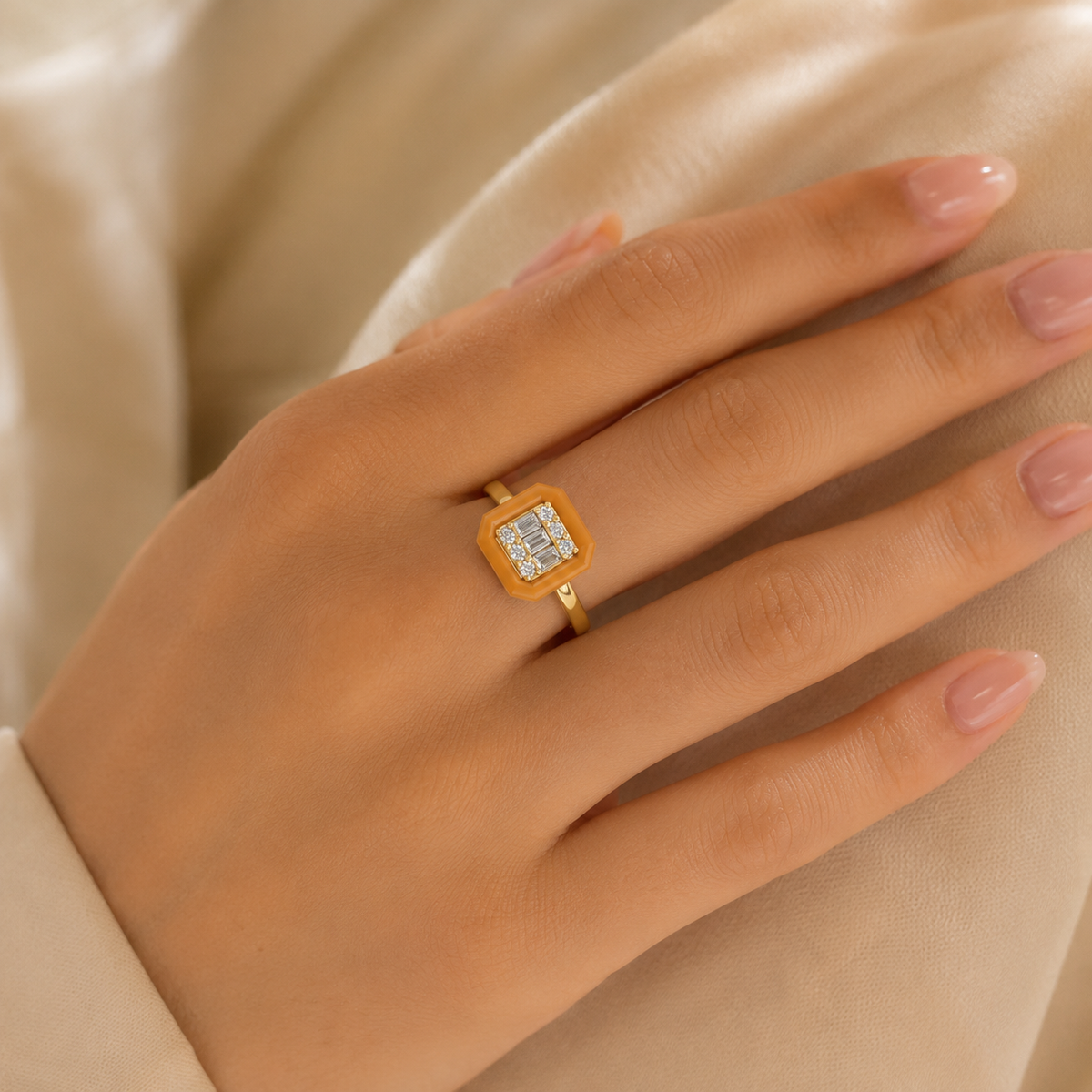Honey Halo Baguette Diamond Cluster Ring in Hand View