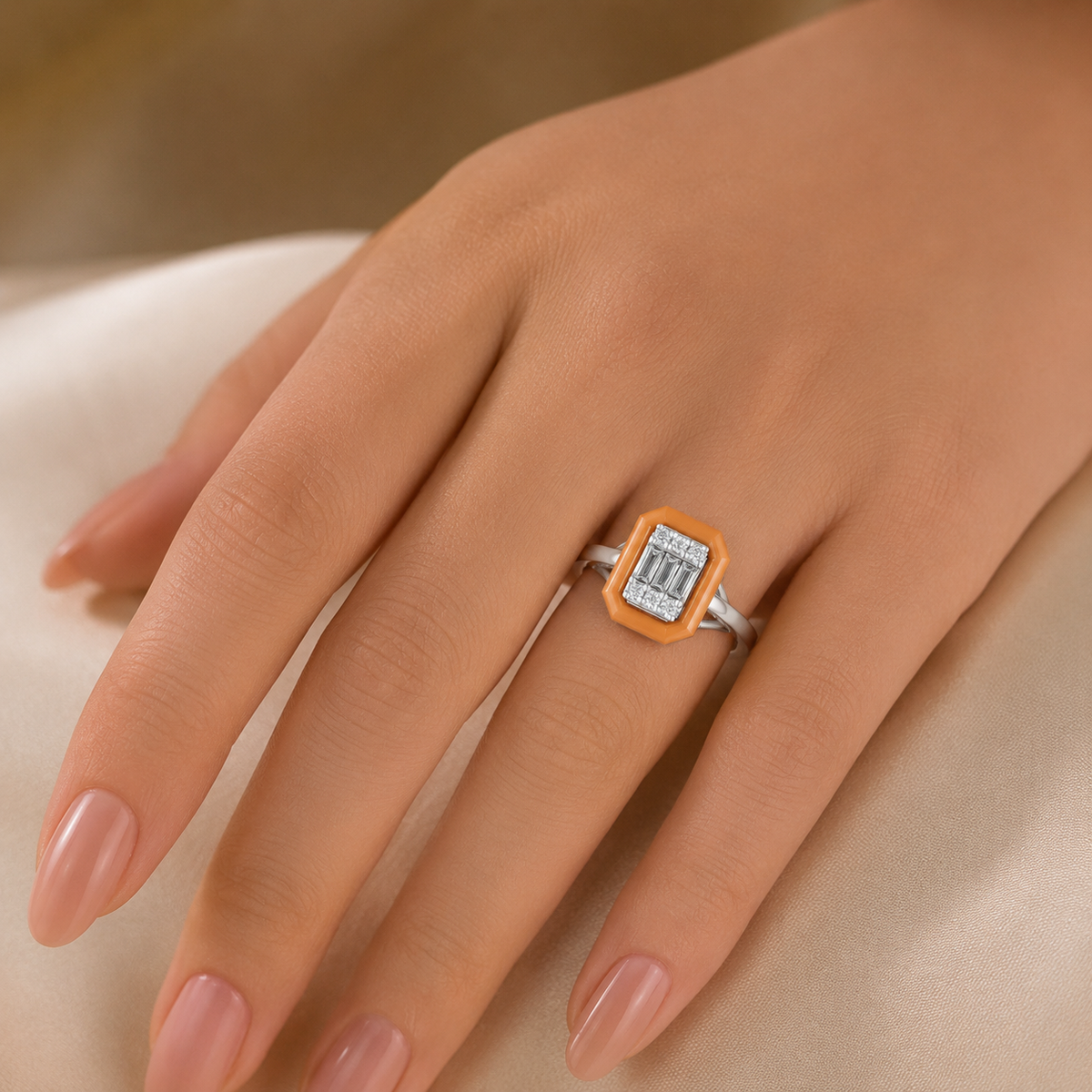 Honey Halo Baguette Diamond Cluster Ring in Silver Hand View