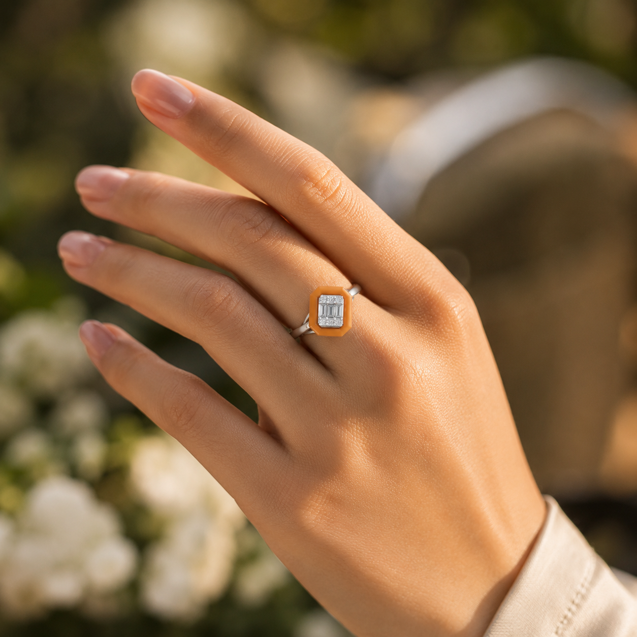Honey Halo Baguette Diamond Cluster Ring in Profile View