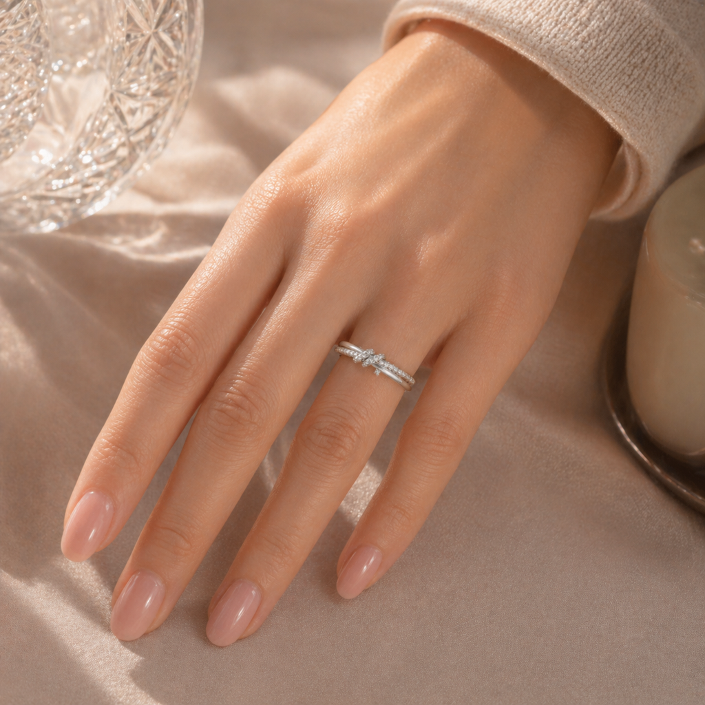 925 Silver Lab Grown Diamond Infinity Love Knot Ring Worn on Hand