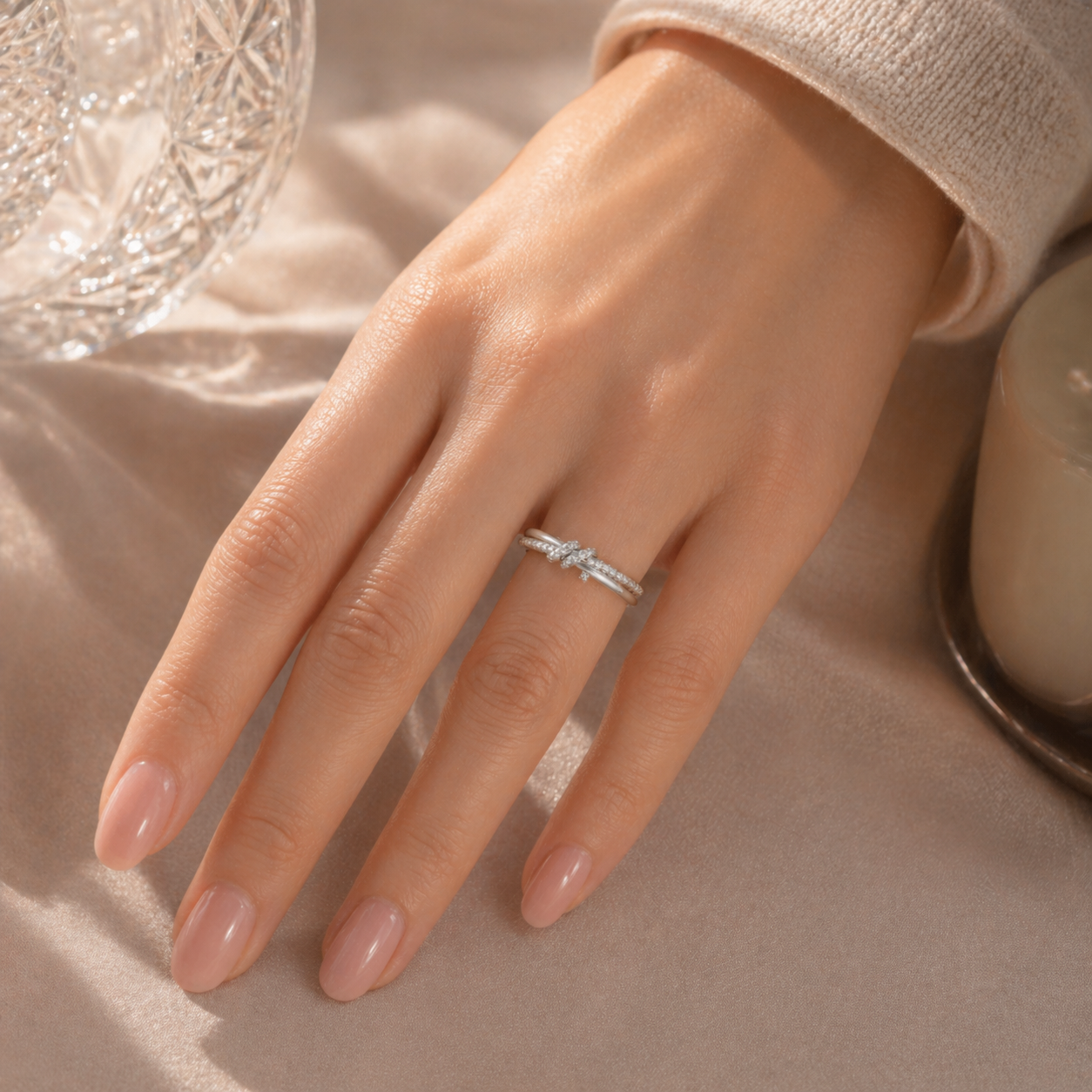 925 Silver Lab Grown Diamond Infinity Love Knot Ring Worn on Hand