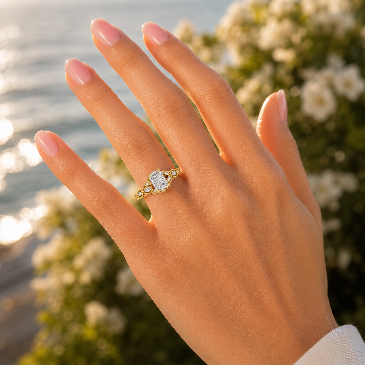 2.08 ct VVS emerald cut CVD diamond engagement ring lifestyle hand shot
