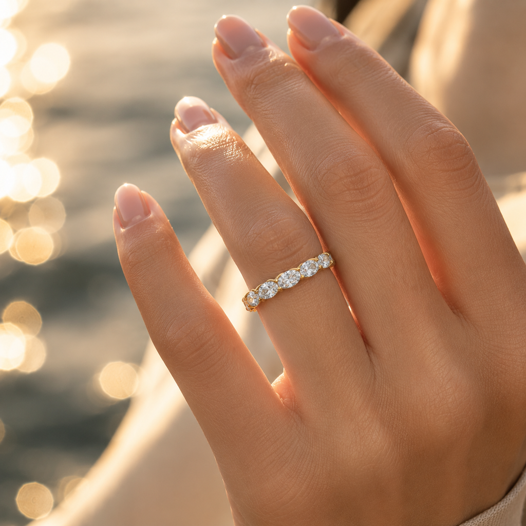 18K gold oval diamond full eternity ring with VVS clarity on hand