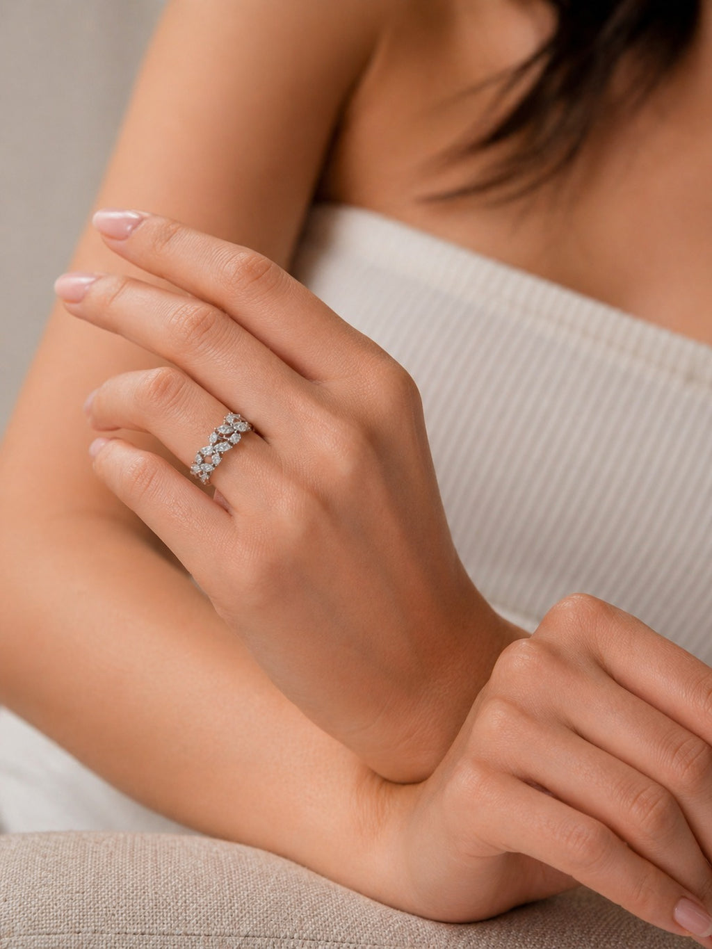 Marquise and Round CVD Diamond Eternity Ring in 925 Silver Worn on Hand