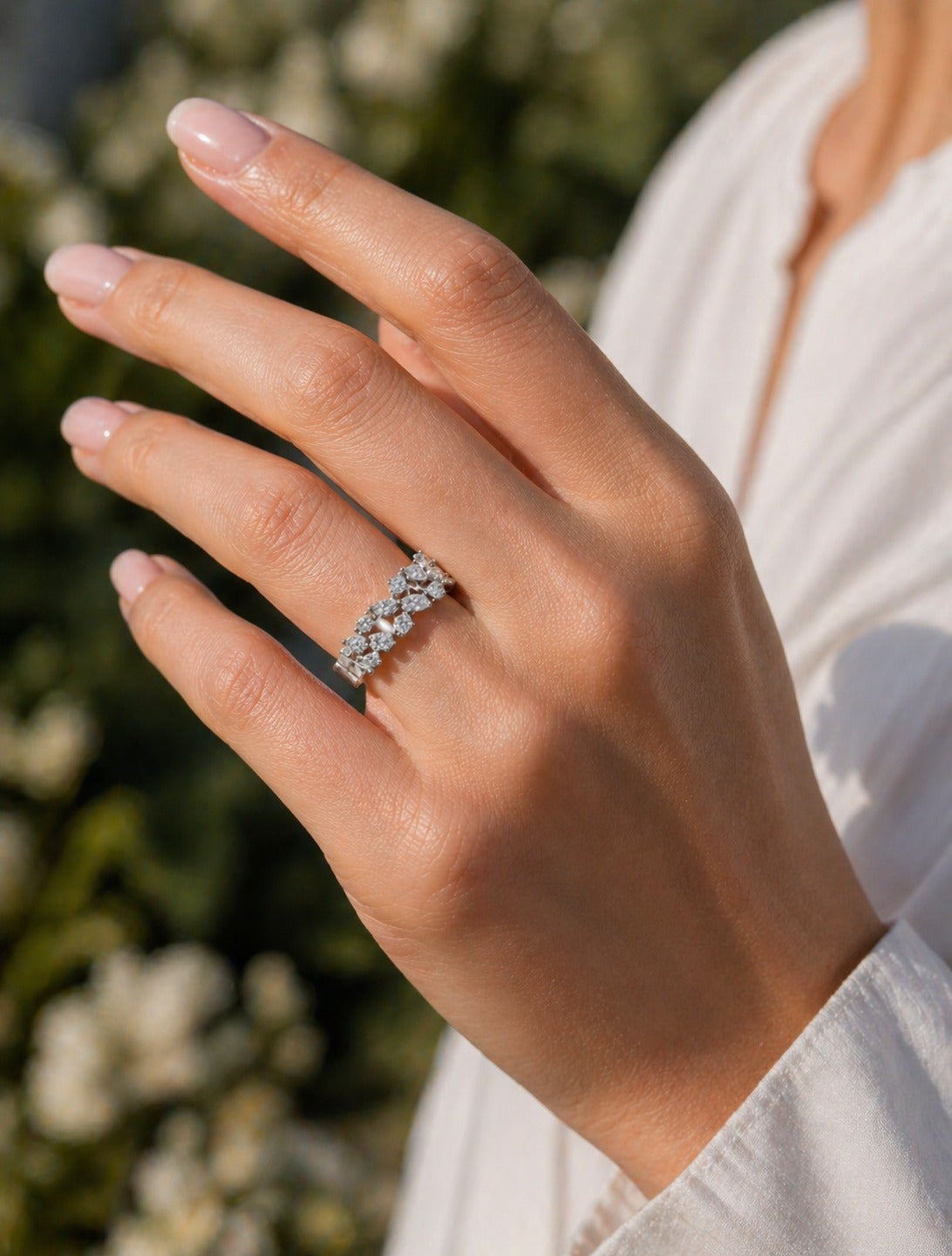Elegant Marquise and Round CVD Diamond Eternity Ring in 925 Silver Lifestyle View