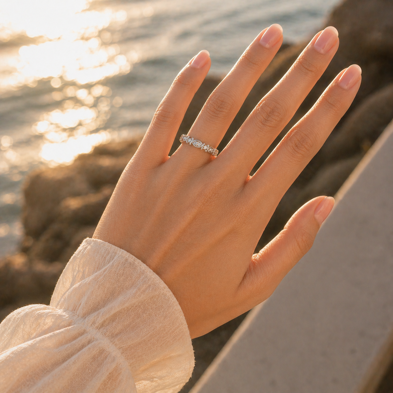 Marquise Wedding Band with Round CVD Diamonds in Silver