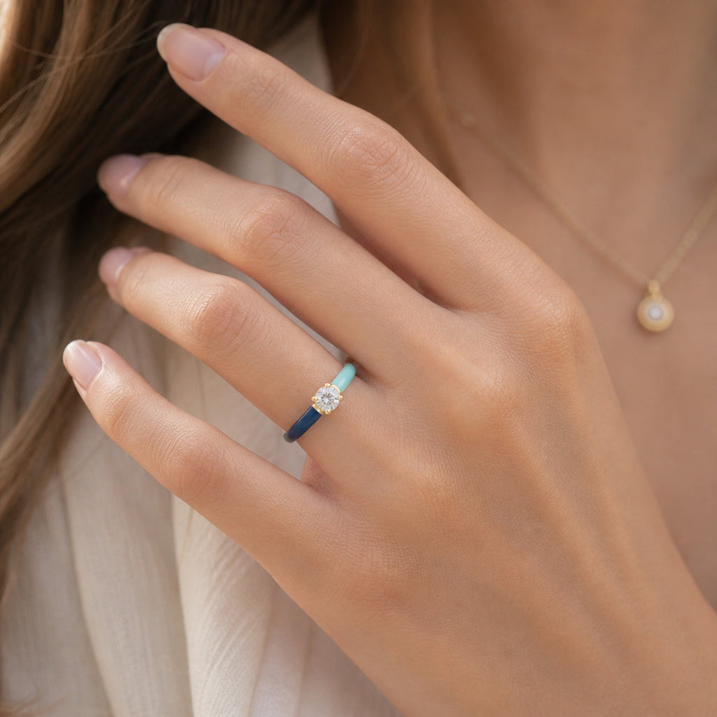 Ocean Luxe Blue Enamel Lab Grown Diamond Solitaire Ring in Gold Hand View