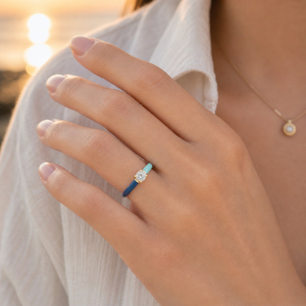 Ocean Luxe Blue Enamel Lab Grown Diamond Solitaire Ring in Gold Lifestyle View