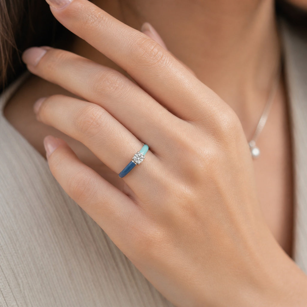 Ocean Breeze Enamel Solitaire Lab Grown Diamond Ring in Silver Hand View