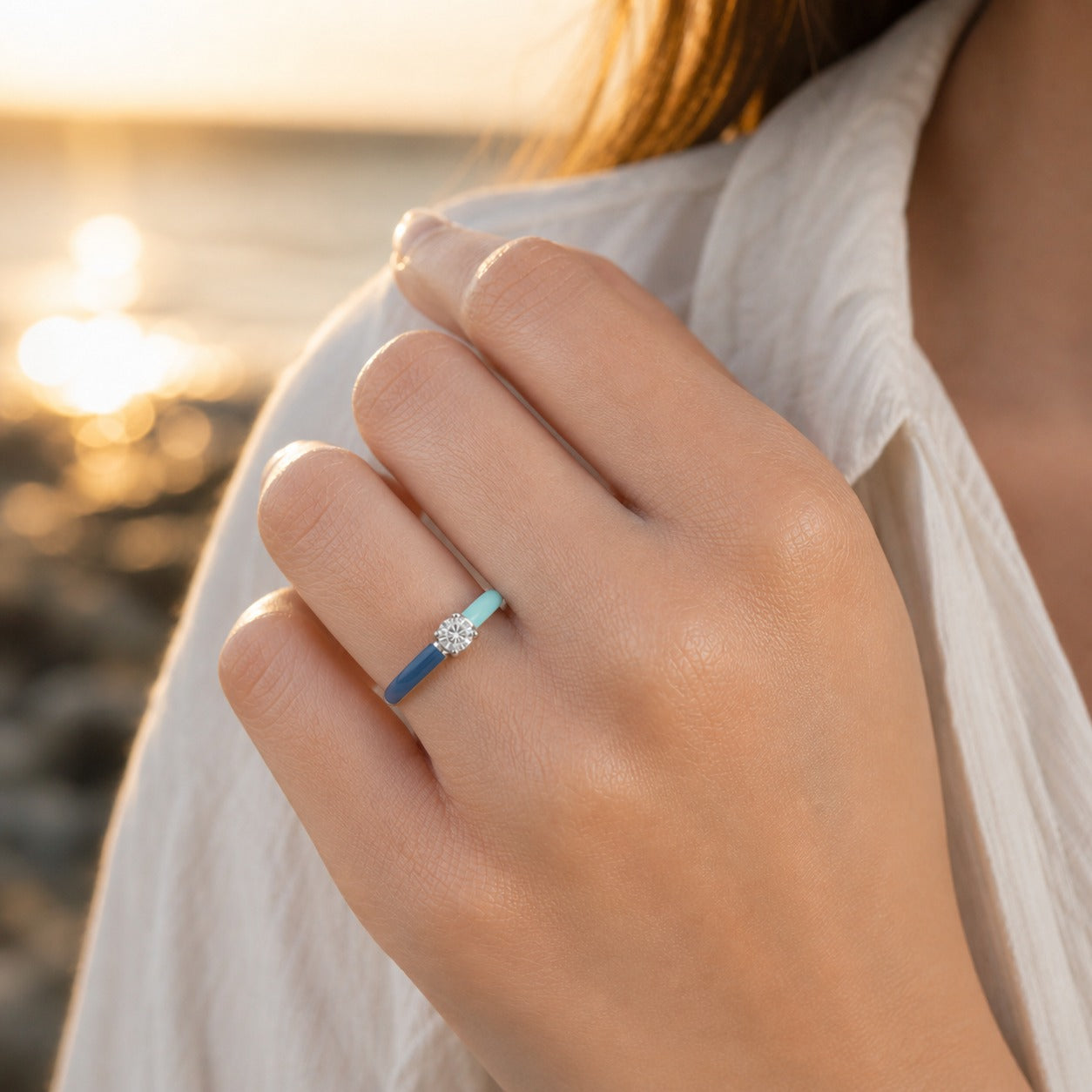 Ocean Breeze Enamel Solitaire Lab Grown Diamond Ring in Silver Lifestyle View