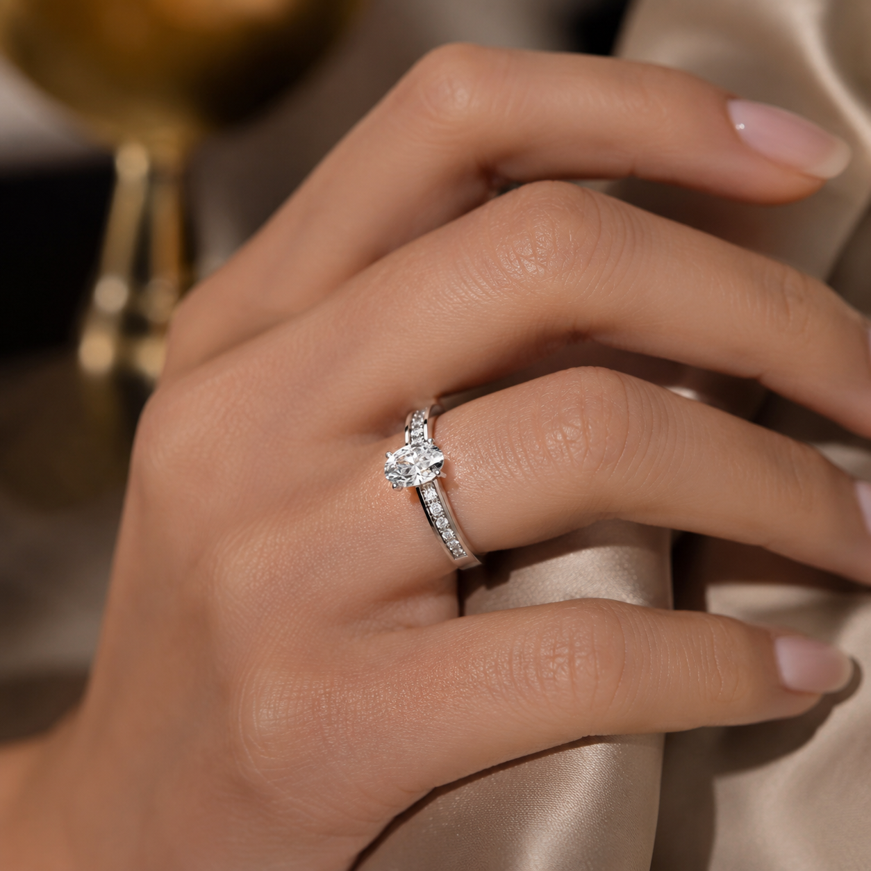 Oval Lab Grown Diamond Engagement Ring in Silver Worn on Hand