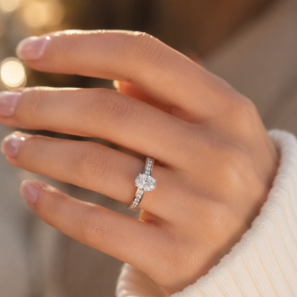 Elegant Silver Oval Lab Grown Diamond Engagement Ring with VVS Diamond