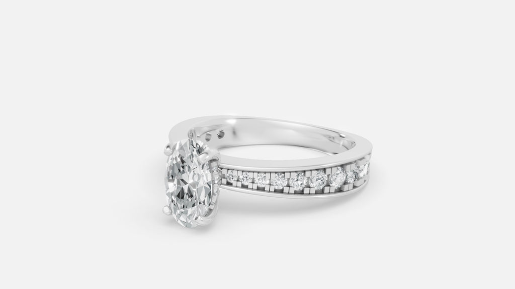 Silver Oval Lab Grown Diamond Engagement Ring Side View with Pave Band