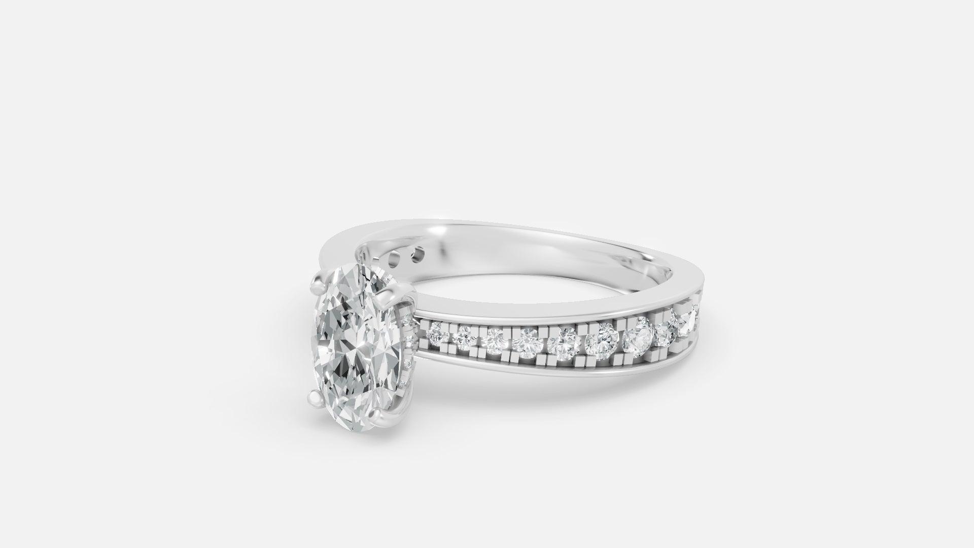 Silver Oval Lab Grown Diamond Engagement Ring Side View with Pave Band