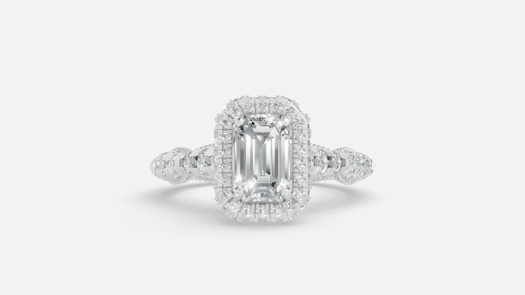 Silver Emerald Cut Lab Grown Diamond Double Halo Engagement Ring Front View