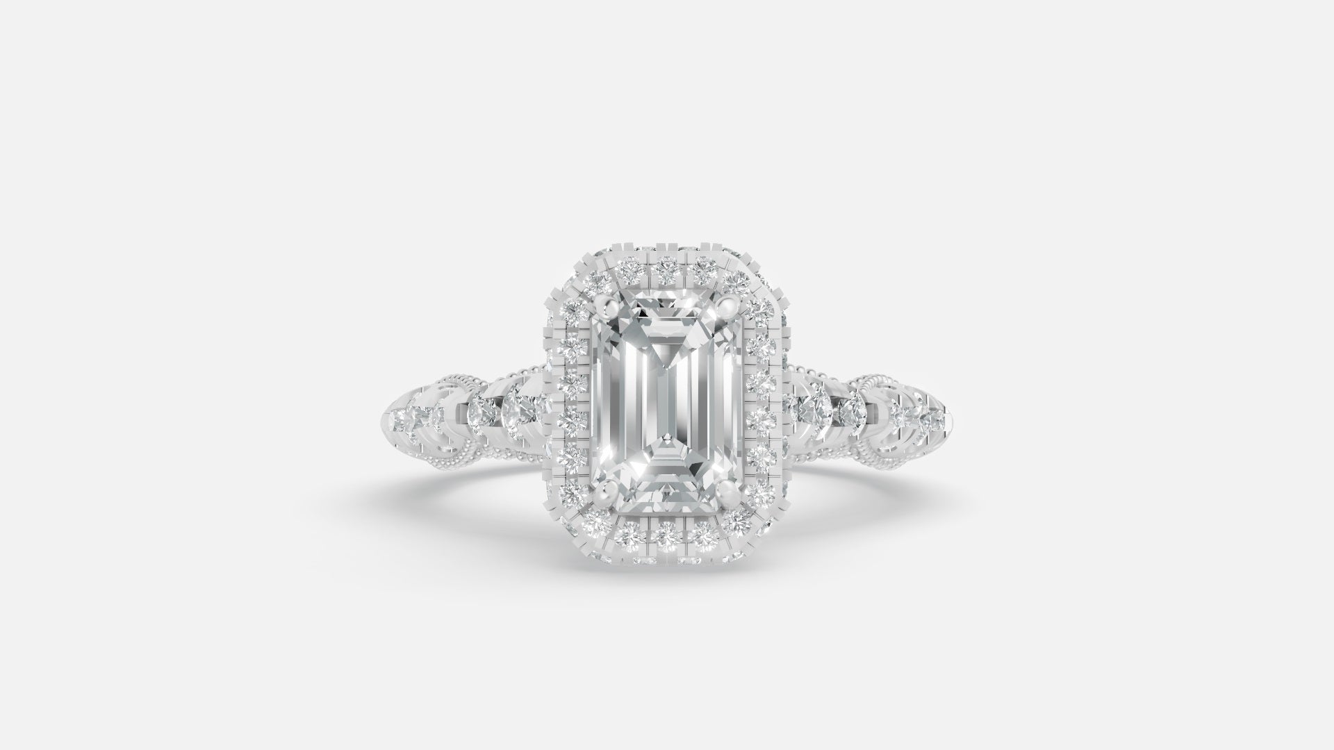 Silver Emerald Cut Lab Grown Diamond Double Halo Engagement Ring Front View