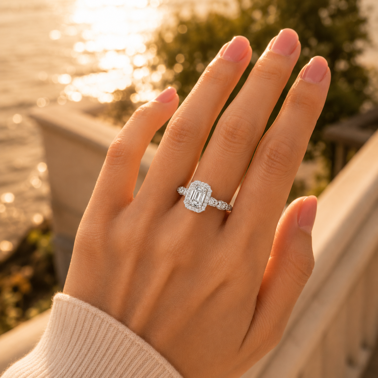 Silver Emerald Cut Lab Grown Diamond Double Halo Ring Lifestyle View
