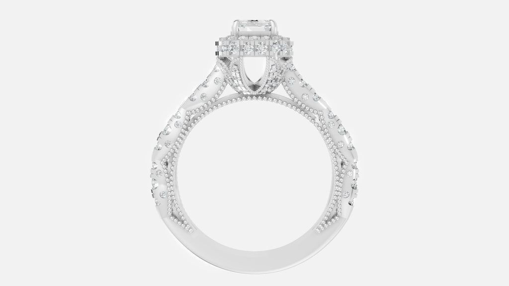 Silver Emerald Cut Lab Grown Diamond Ring Profile View with Double Halo