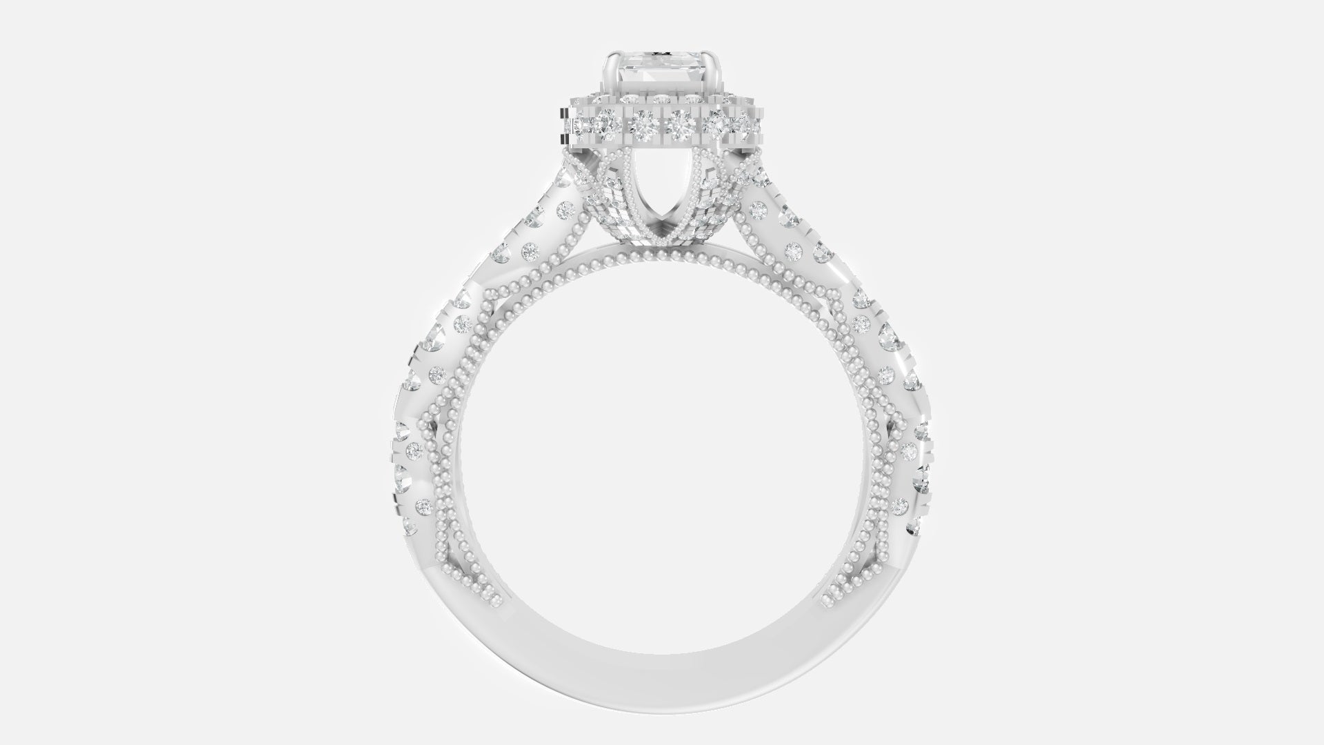 Silver Emerald Cut Lab Grown Diamond Ring Profile View with Double Halo