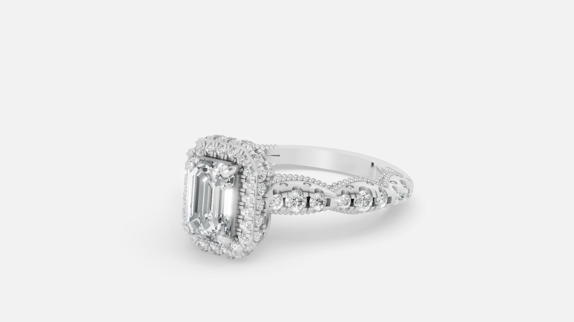 Emerald Cut Halo Engagement Ring in 925 Sterling Silver Side Angle