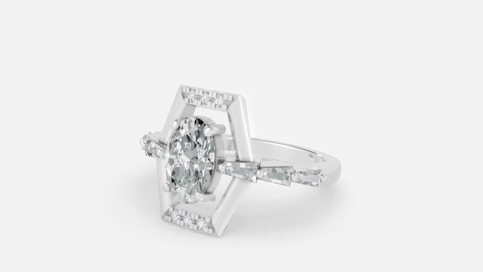 silver oval diamond ring angle view 