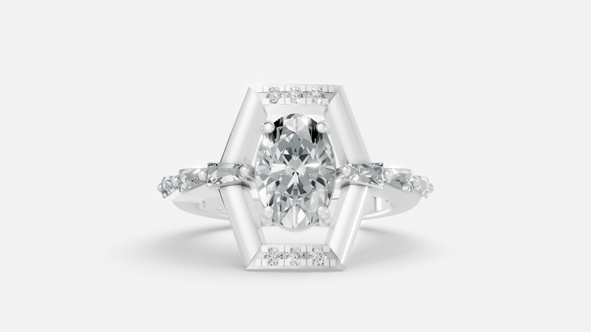 silver oval diamond ring front view with VVS diamonds