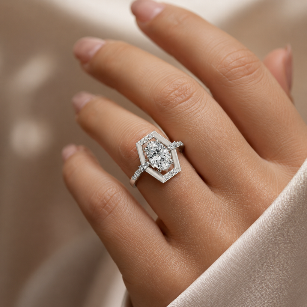 Woman wearing silver oval diamond ring 