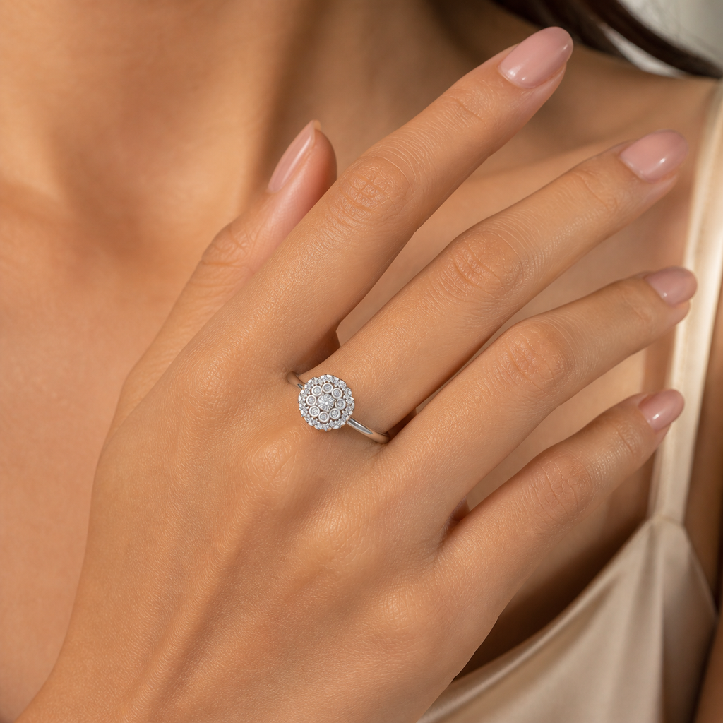 Silver Round Cluster Diamond Halo Ring on Hand