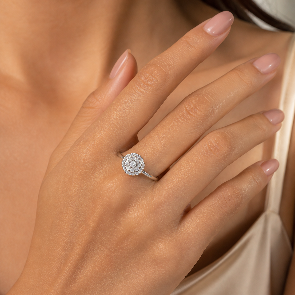Silver Round Cluster Diamond Halo Ring on Hand