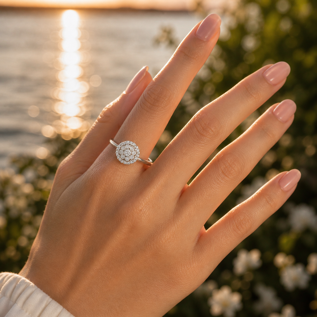 Silver Round Cluster Diamond Halo Ring Lifestyle view