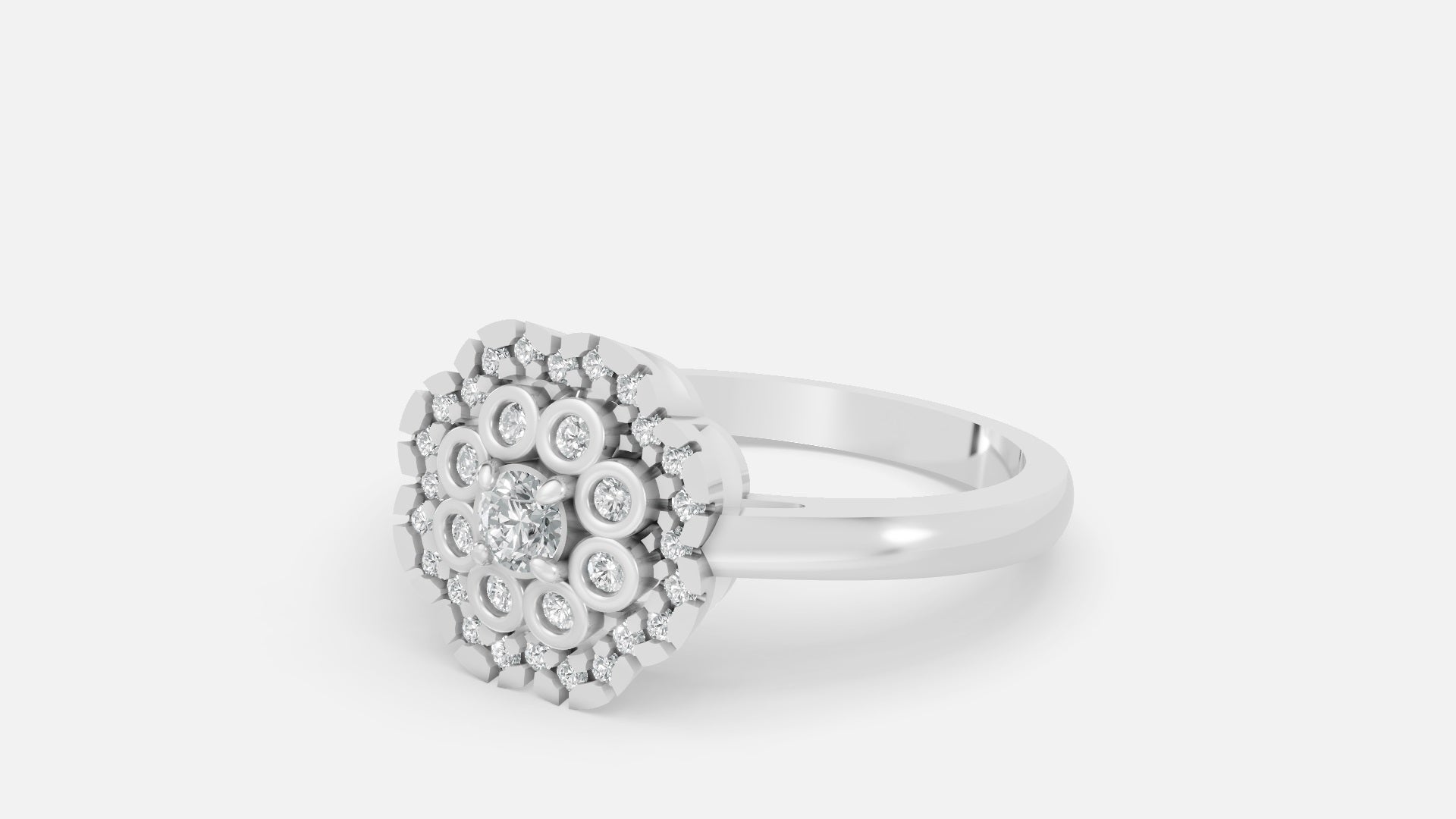 Silver Round Cluster Diamond Halo Ring Side View