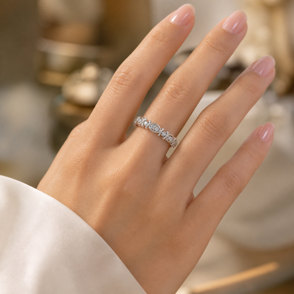 Silver Round CVD Diamond Eternity Marquise Wedding Band on Hand