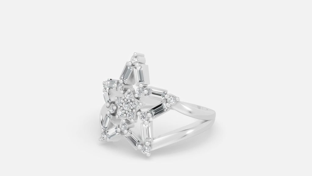 Silver Star Cluster Diamond Ring with Baguette Diamonds Angled View