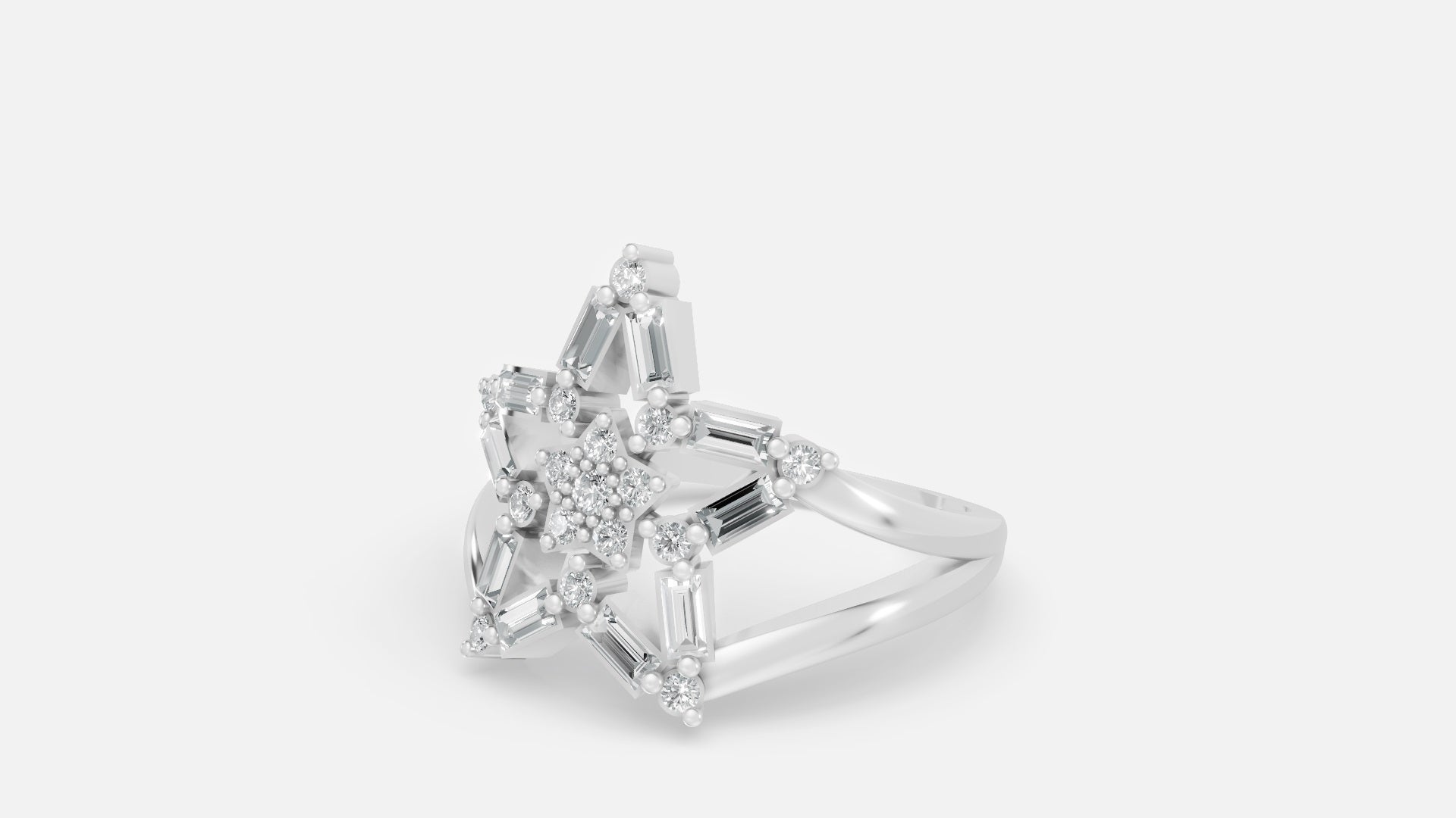Silver Star Cluster Diamond Ring with Baguette Diamonds Angled View