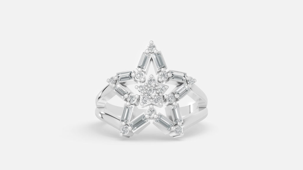 Silver Star Cluster Diamond Ring with Baguette Diamonds front View