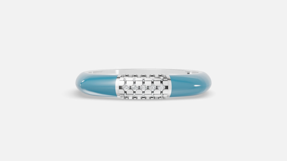 Skyline Grid Diamond Enamel Band Ring in Silver Front View