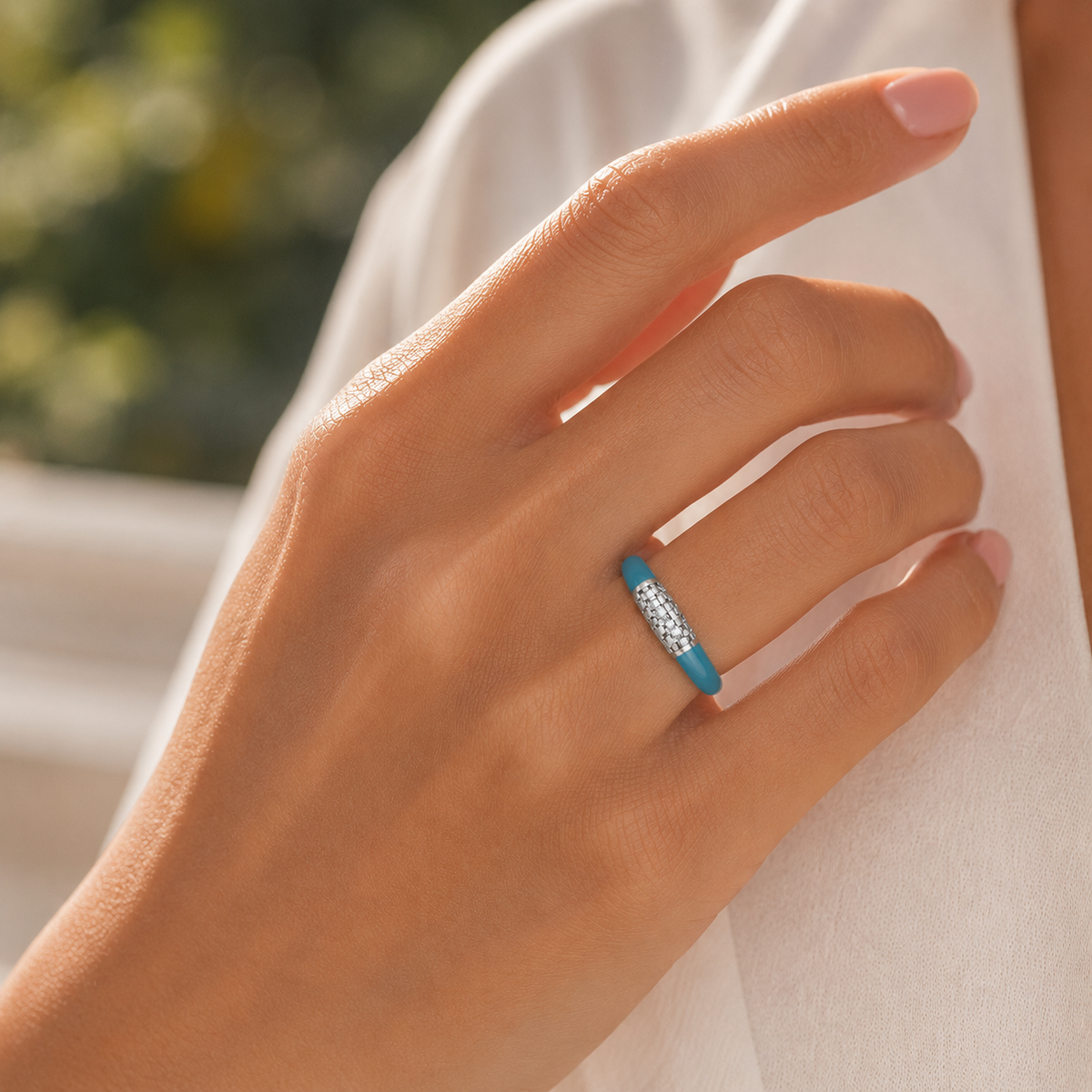 Skyline Grid Diamond Enamel Band Ring in Silver Hand View
