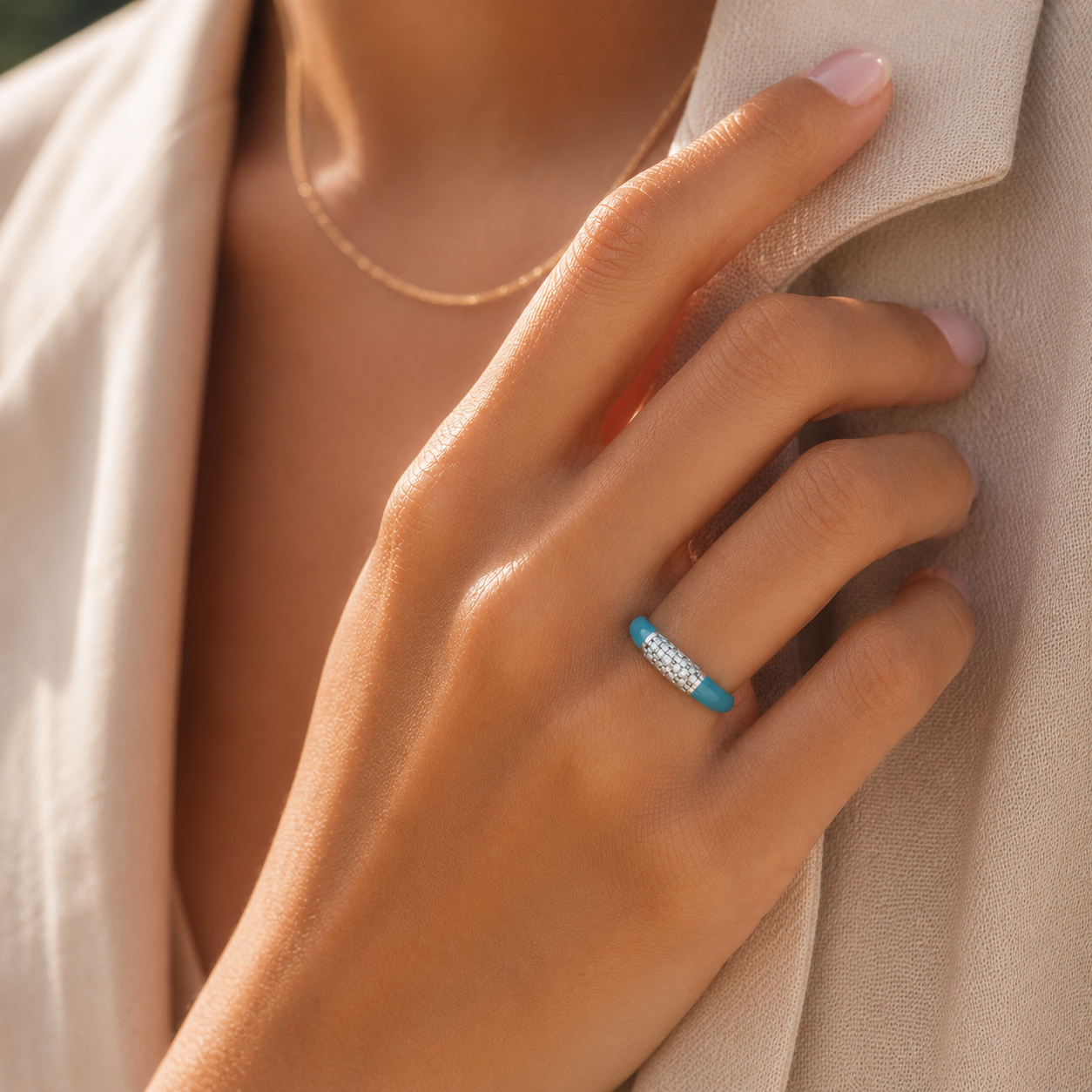 Skyline Grid Diamond Enamel Band Ring in Silver lifestyle View