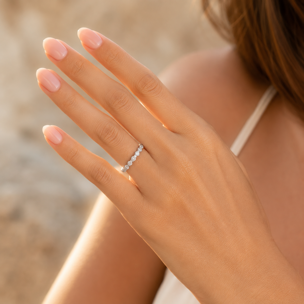 Luxury 925 silver diamond half eternity ring lifestyle hand shot