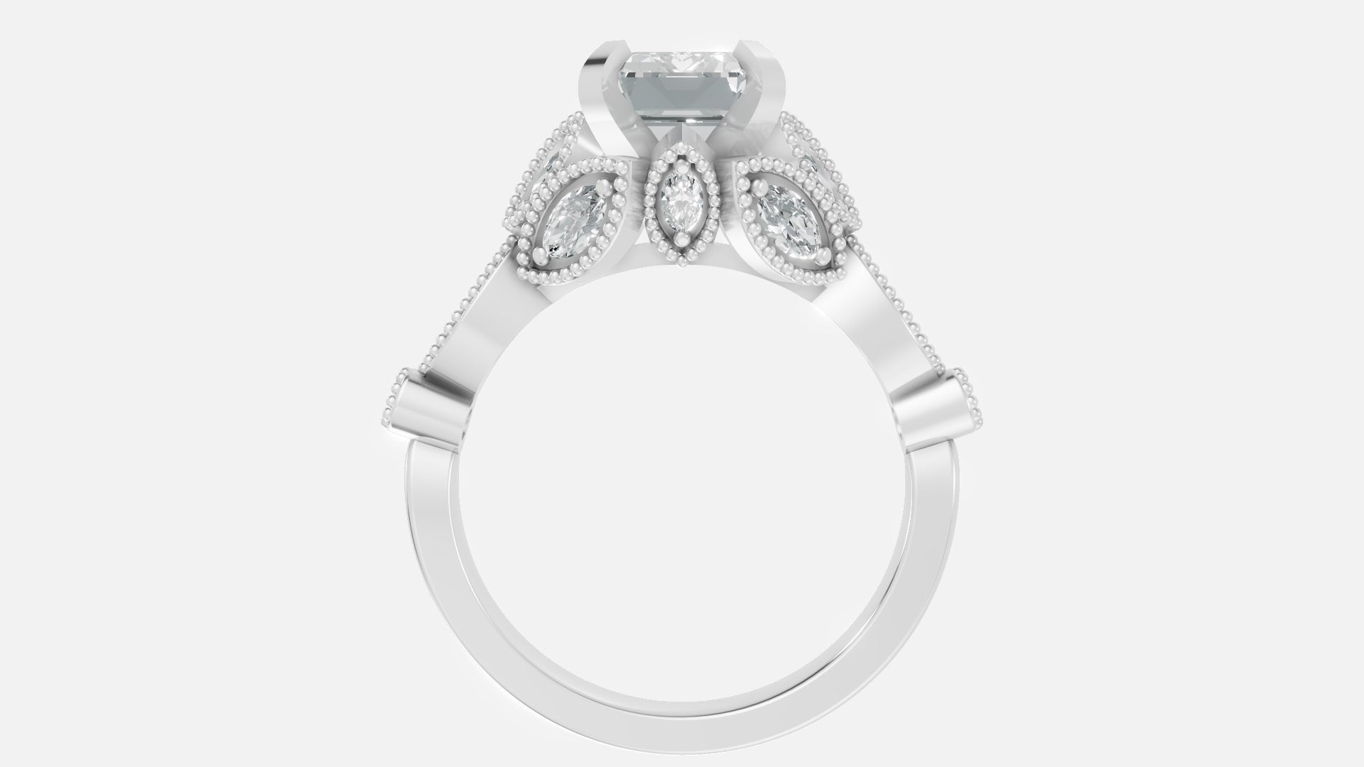Sterling silver vintage style CVD diamond engagement ring side profile view