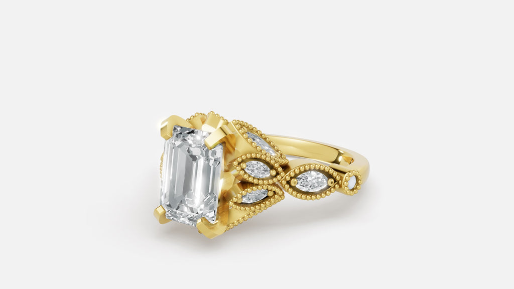 Luxury 18K gold emerald cut CVD diamond engagement ring side angle view
