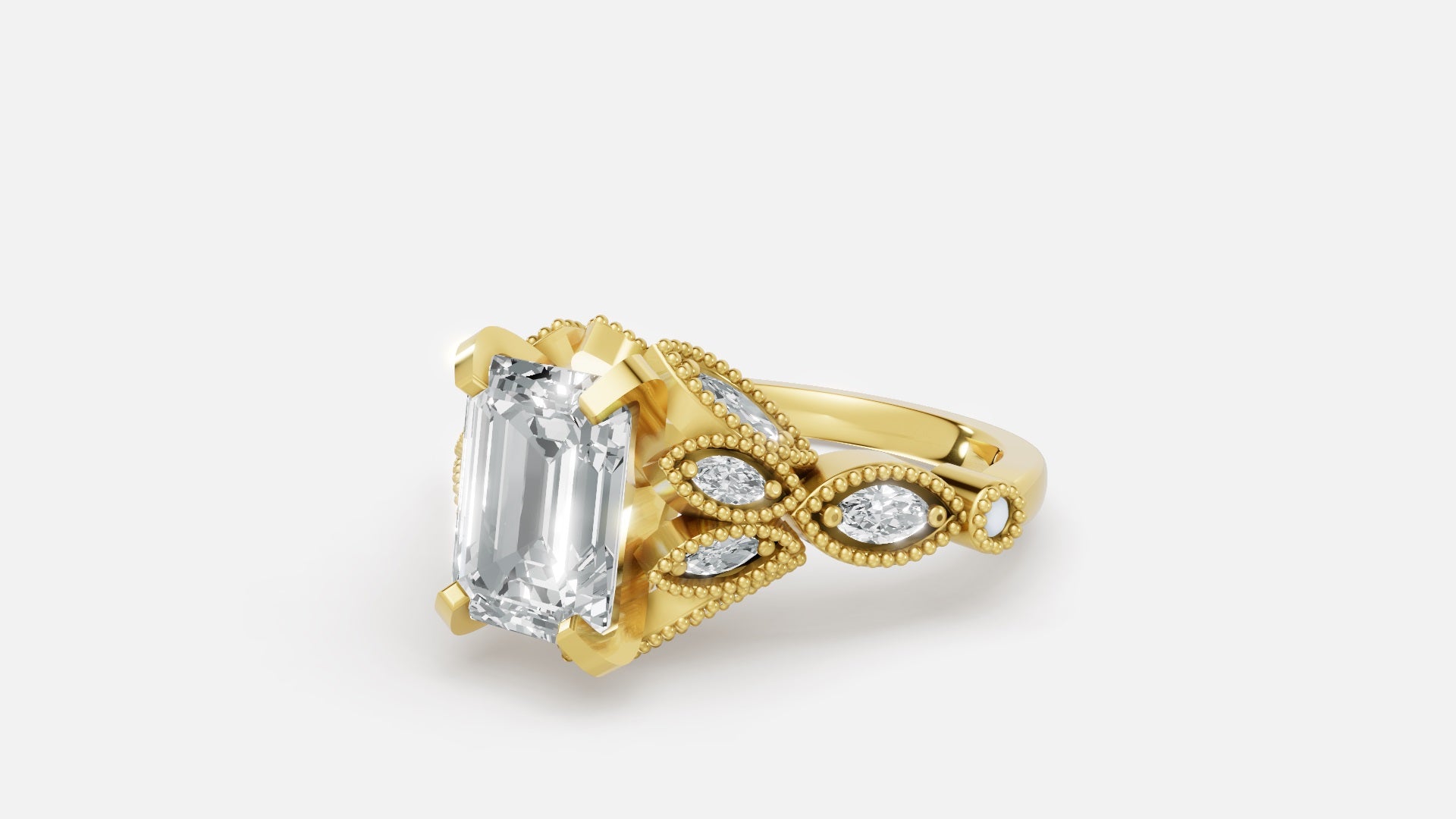 Luxury 18K gold emerald cut CVD diamond engagement ring side angle view