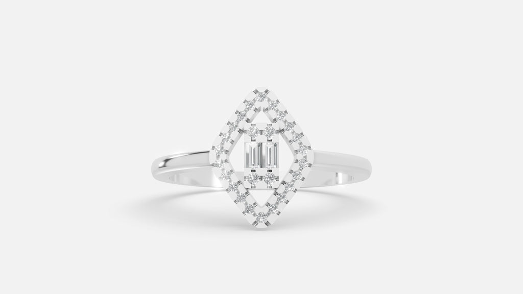 White Gold Baguette & Round Marquise Double Halo Lab Grown Diamond Engagement Ring Front view
