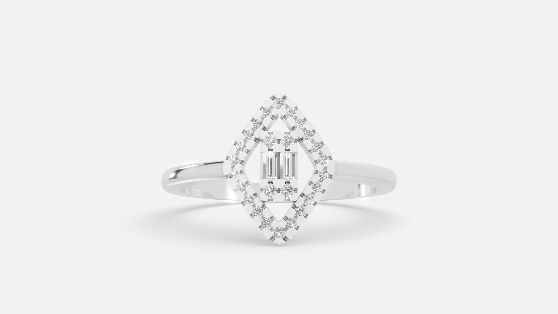 White Gold Baguette & Round Marquise Double Halo Lab Grown Diamond Engagement Ring Front view